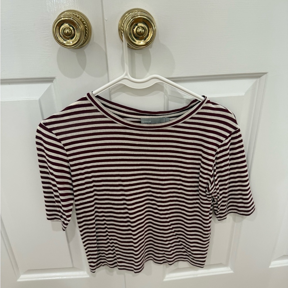Vince Burgundy and White Striped Short Sleeve Top